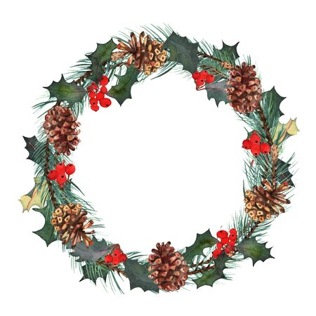 Watercolor wreath with green trees. Isolated hand drawn branches. Circle frame design for Happy New Year and Christmas print, wallpaper.の写真素材