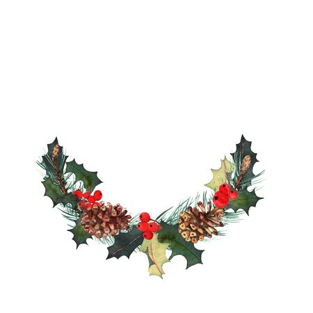 Watercolor wreath with green trees, fir cones. Isolated hand drawn bouquet. Design for Happy New Year and Christmas print, wallpaper.の写真素材