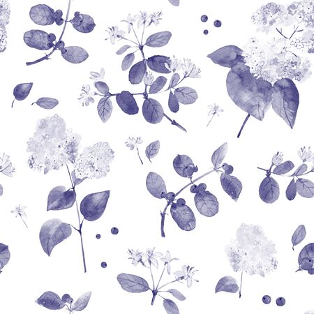 Decorative colorful flowers.Watercolor floral seamless pattern with beautiful forest plants: hydrangea and honeysuckle for wallpaper, prints design.の写真素材