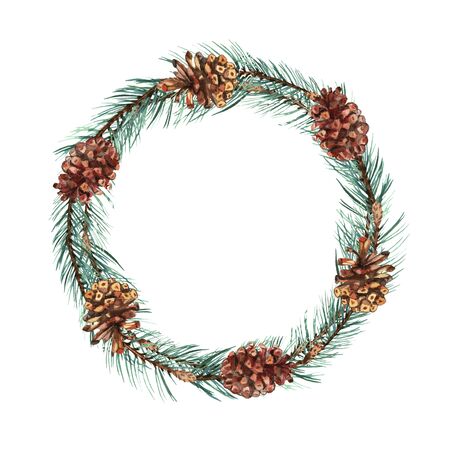 Watercolor wreath with green trees. Isolated hand drawn branches. Design for Happy New Year and Christmas print, wallpaper, textile.の写真素材