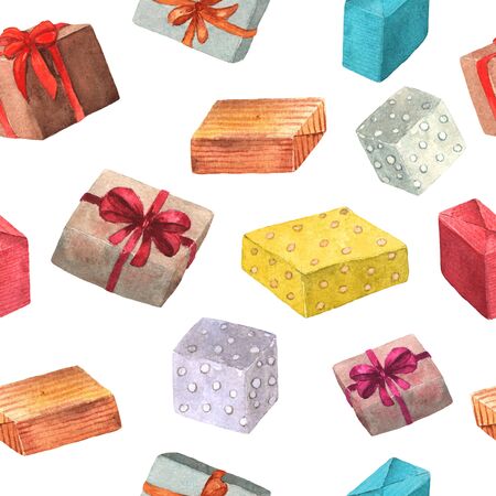 Gift boxes with red bows on white background. Lying and standing colorful boxes. Seamless pattern for Christmas and birthdayの写真素材