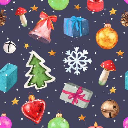 Gift boxes, christmas toys on white background. Watercolor Santa, bell, mushroom, stars, red bow, heart on white background. Winter holiday illustration great design.の写真素材