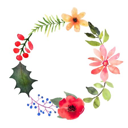 Hand drawn watercolor wreatht with place for your text. Design for card, invitation. Floral arrangement with circle frame. Bouquet with colorful flowersの写真素材