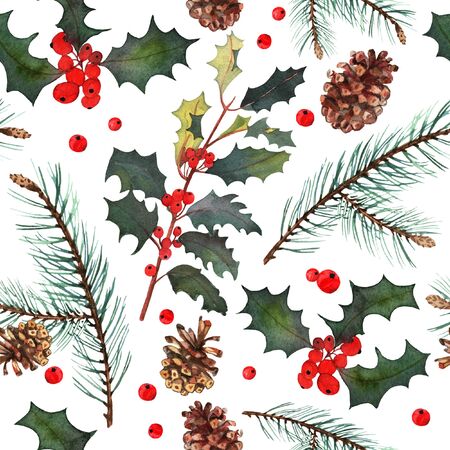 Watercolor green trees and leaves with colorful berries, cones, seamless pattern on white background. Holly is a plant for holiday patterns. Design for Happy New Year and Christmas print, wallpaper, textile.の写真素材