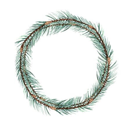 Watercolor wreath with green trees. Isolated hand drawn branches. Design for Happy New Year and Christmas printの写真素材