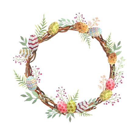 Illustration with colorful painted eggs on an Easter wreath of twigs in watercolor. Flower circle frame. Happy easter background. Spring symbolの写真素材