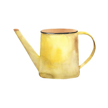 Yellow watering can in watercolor. Card for spring illustration. Background for wallpaper, prints farm design. Spring and summer textureの写真素材