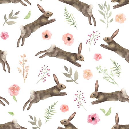 Seamless pattern with running rabbits and flowers in watercolor. Elements for a happy Easter and farms design. Cute bunny. Animal and floral setの写真素材