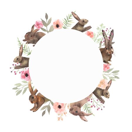 Card with running rabbits and flowers in watercolor. Elements for a happy Easter and farms design. Cute bunny. Animal and floral in circle frame.の写真素材