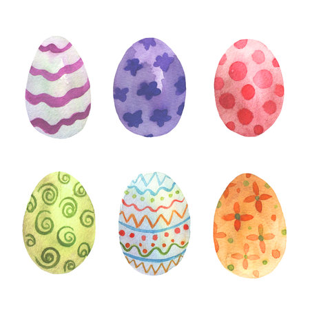 Set with painted eggs for Easter in watercolor. Elements for a happy Easter and farms design. Isolated colorful eggs on white.の写真素材