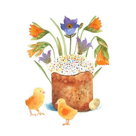 Easter cake standing on a plate with yellow chickens and season flowers. Traditional postcard for the spring celebration. Illustration with cake for easter designの写真素材