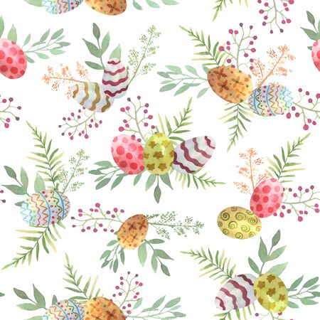 Illustration with colorful painted eggs on an Easter wreath of twigs in watercolor. Flower circle frame. Happy easter background. Spring symbolの写真素材