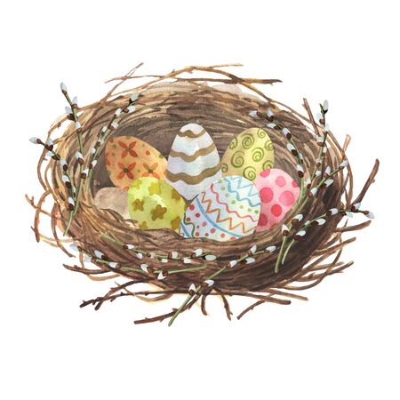 Easter card with painted eggs in a nest of twigs with Pussy willow branches for Easter in watercolor. Elements for a happy Easter and farms design.の写真素材