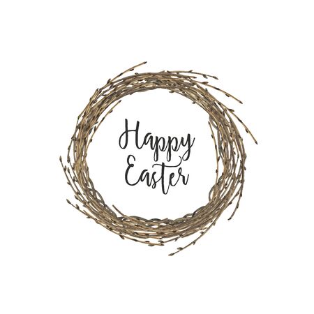 Wreath with willow branches in watercolor. Elements for a happy Easter card. Floral in circle frameの写真素材