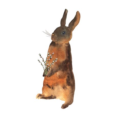 Standing cute brown bunny with willow branches in watercolor. Elements for a happy Easter and farms design. Pretty rabbitの写真素材