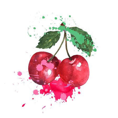 Two red cherries are splashed with watercolors on a white background. Bright sweet color. Sweet fruit.のイラスト素材