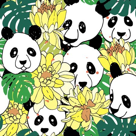 Panda seamless pattern in sketch style. Hand drawing panda pattern illustration with lush flowers, vector. Cute cartoon wild animal. Kids background. Children illustration.のイラスト素材