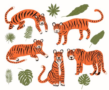 Set with tigers and tropical leaves to decorate the design. The foliage of the jungle. Vector set of cartoon characters of wild nature. Green palm leaves. The tiger pattern is wild. The exotic backdrop of the jungle.のイラスト素材