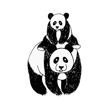 Poster with a Panda and its baby in a sketch style. Happy little cute panda. Adorable mammal animal. Vector illustrationのイラスト素材