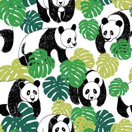 Panda seamless pattern in sketch style. Hand drawing panda pattern illustration with monstera leaves, vector. Cute cartoon wild animal. Kids background. Children illustration.のイラスト素材