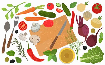A set of elements for cooking. Vegetables whole and in pieces, Cutlery spoon, knife and fork, sunflower oil, herbs. Vector illustration .のイラスト素材