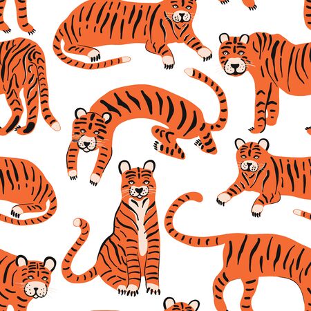 Set with tigers to decorate the design. Vector set of cartoon characters of wild nature. The tiger pattern is wild. The exotic backdrop of the jungle.のイラスト素材