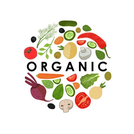 Set of vegetables in a circle with the text organic in the middle. A set of elements for cooking. Concept of buying healthy food and cooking. Vectorのイラスト素材