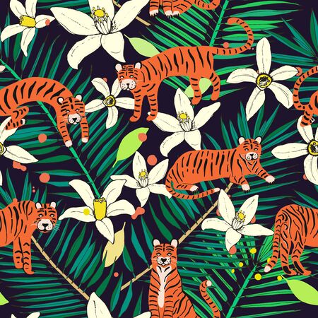 Seamless pattern with tigers and tropical leaves and flowers to decorate the design. The foliage of the jungle on black background. Green palm leaves. The tiger pattern is wild. Vector illustrationの写真素材