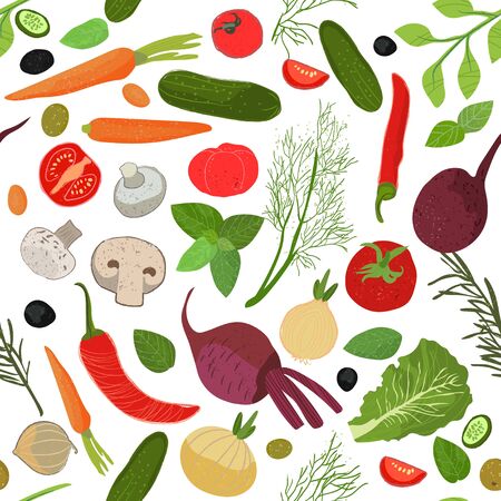 Seamless pattern with elements for cooking. Vegetables whole and in pieces and herbs. Hand drawn elements with textures. Vector illustration.の写真素材