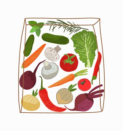 Vegetables  in in a paper bag. A set of elements for cooking. Concept of buying healthy food and cooking. Vector illustration の写真素材