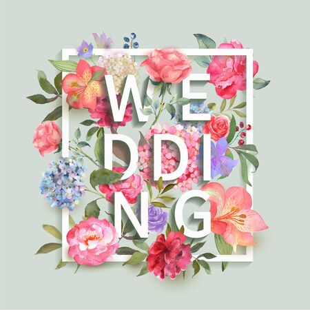 White letters Wedding in watercolor flowers and in a white frame. Banner, card with a blooming pink hydrangea, roses and leaves hand drawn. Excellent use for invitations, wedding celebrations.の写真素材