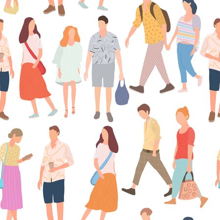 Seamless pattern with walking young people. Men and women in colorful clothes in different poses stand and go about their business. Vectorのイラスト素材