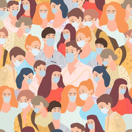 Seamless pattern with young people go in masks during the epidemic of the coronavirus. Prevention of coronavirus. The concept of protection. Concept of epidemic disease. Isolated vector.のイラスト素材