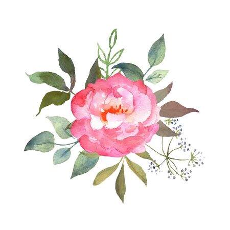 Floral watercolor set with pink rose. Botanical arrangements with flower and leaves. Great for printing on fabric, banners, invitations and cards. Vector.のイラスト素材