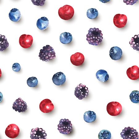 Berries seamless pattern in watercolor with shadow. Colorful background with isolated blackberries, cherries and blueberries. Natural illustration. Collection for print and cards. Vector.のイラスト素材