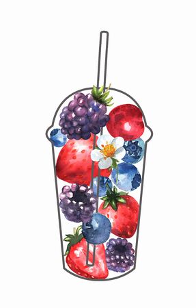 Mixed berries in a clear cocktail glass with a straw. Set of berries strawberry, blueberry, cherry, BlackBerry for the design of the drink. Vector.のイラスト素材