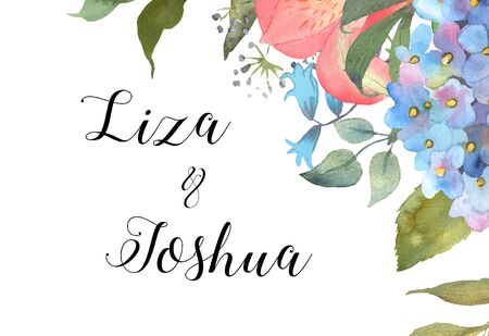 Wedding floral background with a blooming blue hydrangea and leaves. Hand drawn in watercolor. Excellent use for invitations, prints, greetings, wedding celebrations. Floral background. Vector.のイラスト素材