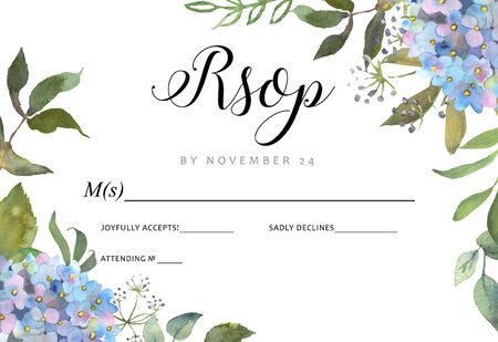 Wedding floral background with a blooming blue hydrangea and leaves. Hand drawn in watercolor. Excellent use for invitations, prints, greetings, wedding celebrations. Floral background. Vector.のイラスト素材