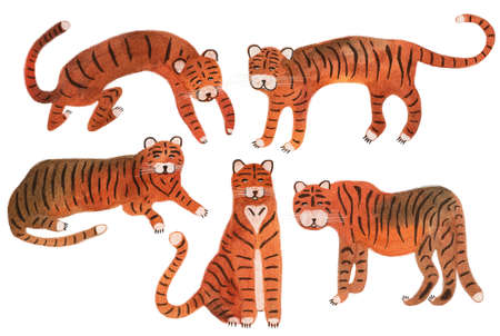 Set with watercolor tigers to decorate the design. Set of cartoon characters of wild nature. The tiger pattern is wild.の写真素材