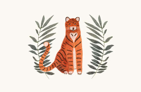 Card with watercolor tiger and monstera palm leaves. Cartoon characters of wild nature. The tiger is the symbol of the 2022 New Yearの写真素材