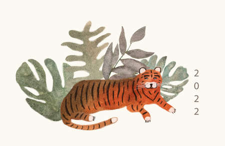 Card with watercolor tiger and monstera palm leaves. Cartoon characters of wild nature. The tiger is the symbol of the 2022 New Yearの写真素材