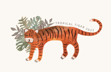Card with watercolor tiger and monstera palm leaves. Cartoon characters of wild nature. The tiger is the symbol of the 2022 New Yearの写真素材