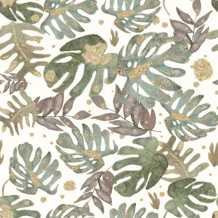 Palm leaves with gold elements in watercolor style on white background. Beautiful tropical exotic foliage seamless pattern. Summer tropical leaf. Watercolor illustration.の写真素材