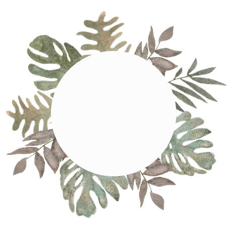Palm monstera leaves in watercolor on white background. Beautiful tropical exotic wreathp. Summer tropical leaf. Watercolor circle frame illustration.の写真素材
