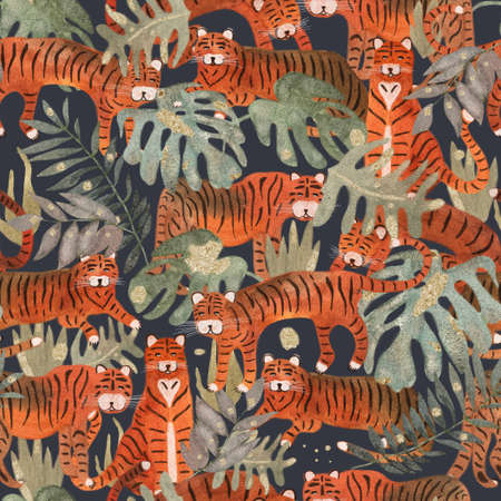 Seamless pattern with tigers and tropical leaves in watercolor on black blue background. The foliage of the jungle. Green palm leaves with gold elements. The tiger pattern is wild. 2022の写真素材