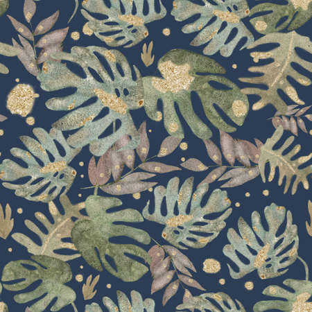 Palm leaves with gold elements in watercolor style on blue background. Beautiful tropical exotic foliage seamless pattern. Summer tropical leaf. Watercolor illustration.の写真素材
