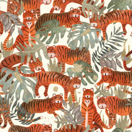 Seamless pattern with tigers and tropical leaves in watercolor. The foliage of the jungle. Green palm leaves with gold elements. The tiger pattern is wild.の写真素材