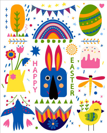 Easter holiday set with chicken, rabbit, cut in paper art style. Vector drawing. Happy easter banner. Geometric elementsのイラスト素材