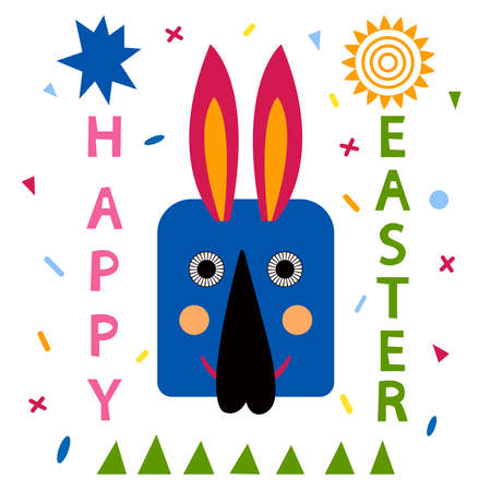 Easter holiday poster with rabbit, cut in paper art style. Vector drawing. Happy easter banner. Geometric elementsのイラスト素材