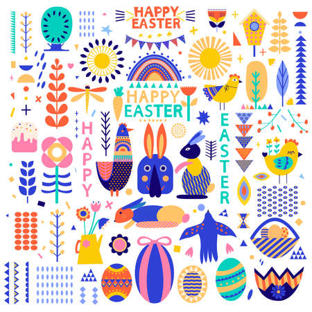 Happy Easter vector set illustration with chicken, rabbit cut in paper art style. Vector. Geometric elements.のイラスト素材